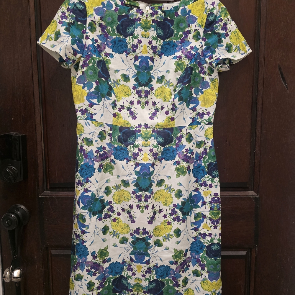Talbots Mirrored Floral Blue Green Purple Spring Sheath Dress 6P